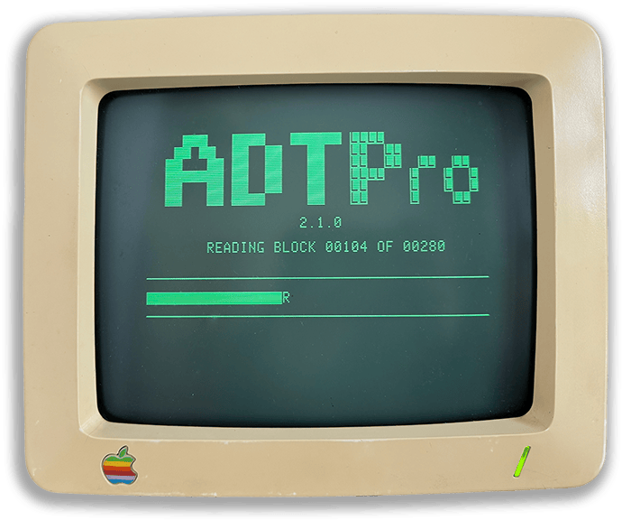 An Apple IIc montoring displaying the ADTPro application.